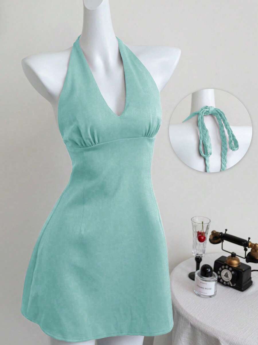 Elamini Đầm chữ A hở lưng, cổ chữ V sâu, buộc dây, thanh lịch và gợi cảm, thích hợp cho mùa xuân/hè. - Màu xanh bạc hà - Xem 1