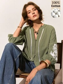 Poéselle 女士休闲花卉刺绣前扣翻领棉质衬衫，可爱夏季上衣，外出上衣，优雅，适合度假、海滩、夏季穿着，日常、办公和休闲场合皆宜，春夏波西米亚灯笼袖绿色衬衫 - 綠色 - 查看 5