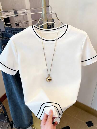 SHEIN Classica maglietta aderente da donna a righe bianche, design versatile per uso quotidiano, studenti, attività all'aperto, uscite