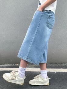 SHEIN Little Byeori 青少年男孩時尚返校街頭風混搭百搭設計復古酷街頭寬鬆舒適清爽藍色牛仔八英吋長度寬腿牛仔褲，適合日常穿著、春夏季派對節慶與街頭穿搭 - 藍色 - 查看 4