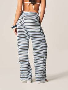 MISSGUIDED Striped Crochet Wide Leg Palazzo Pants High Waisted Drawstring Summer Casual Loose Fit Trousers Beach Vacation - Multicolor - View 2