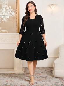 SHEIN Clasi 大码纯色水钻装饰修身优雅连衣裙 - 黑色 - 查看 4