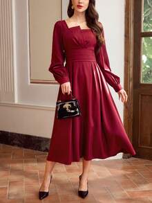 Vintamour 复古经典优雅女士修身拼接连衣裙，秋冬款，酒红色喇叭下摆长袖连衣裙 - 酒紅色 - 查看 4