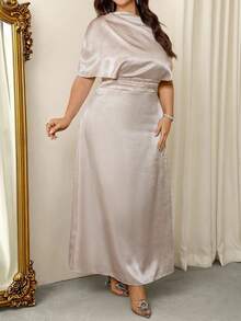 Firerie Plus Size Elegant Casual Vacation Minimalist One Shoulder Open Shoulder Ruched Satin Fabric High-End Commute Office Versatile Daily Basic Straight H-Line Women Short Sleeve Dress, Spring/Summer Satin Maxi Dress Modest Elegant Dress Plus Elegant Dress Silver Elegant Dress Curve Elegant Dress Spring Outfit Women Spring Dress For Women - Apricot - View 5