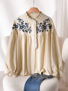 CosyJoli 大码荷叶边刺绣纽扣衬衫 波西米亚风衬衫 可爱女式衬衫 波西米亚风灯笼袖衬衫 西式衬衫 春季女装 春季女式衬衫 - 杏色 - 查看 1