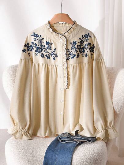 CosyJoli 大码荷叶边刺绣纽扣衬衫