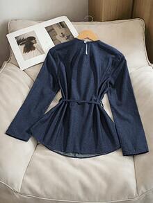 GlowEve Women's Round Neck Long Sleeve Casual Knotted Waist Denim Blouse - Blue - View 2