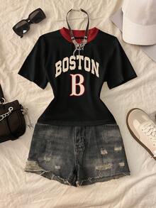 Noixe 女士休闲字母数字印花圆领短袖T恤，夏季 - 白色 - 查看 5