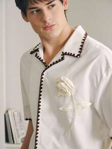 Manfinity Unisex Bộ áo sơ mi ngắn tay và quần short nam phối màu tương phản, áo sơ mi nam ngắn tay cài cúc màu kem mùa xuân/hè, áo sơ mi nam mùa hè, áo sơ mi nam màu kem cài cúc, áo sơ mi nam họa tiết hoa. - trắng - Xem 3