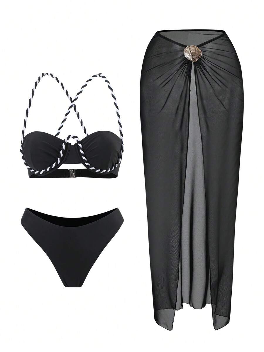 Bonvoyette Women's Black & White Spaghetti Strap Tie-Up Sexy Beach 3 PiecesBikini Swimwear, Summer - Black - View 1