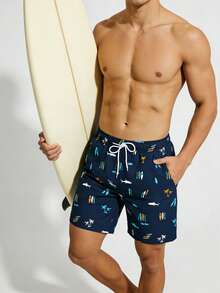 Manfinity Swimmode Men's Summer Vacation Fish Print Drawstring Waist Beach Shorts - Navy Blue - View 6