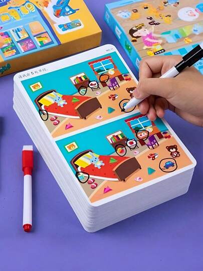 POKOJA LAND 32页蒙特梭利教育玩具，专注力训练，寻找不同智力发展思维训练，大豆油墨印刷，可重复使用，神奇的练习册，玩具绘画书，可擦写，寻找不同练习，专注力和观察力训练，开学季礼物，是儿童生日节日礼物、日常惊喜礼物的完美选择。