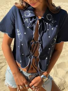 Livesso Blue Seashell & Starfish Print Tie Front Bow Knot Casual Beach Shirt, Suitable For Spring, Summer, Music Festivals, Valentine's Day, Weddings - Navy Blue - View 7