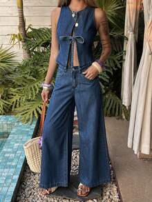 DAZY 女士圆领无袖蝴蝶结背心和宽松直筒牛仔裤休闲套装 - 中等水洗藍 - 查看 5