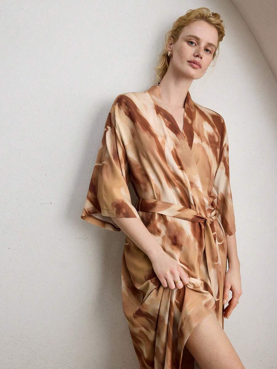 Ocili 舒适简约链条印花棉混纺睡袍，腰部系带，女士睡衣，时尚秋季款 - 紅色 - 查看 1