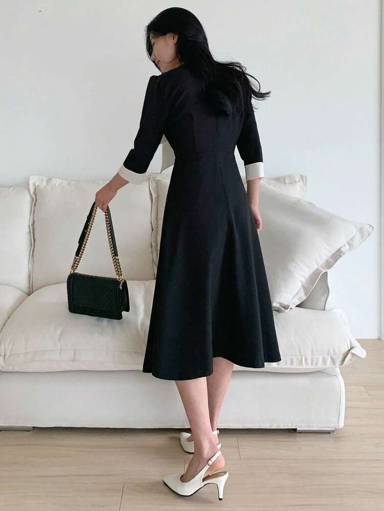 Women's Tie Neck Waist Cinched Black & White Contrast Midi Dress Sundress