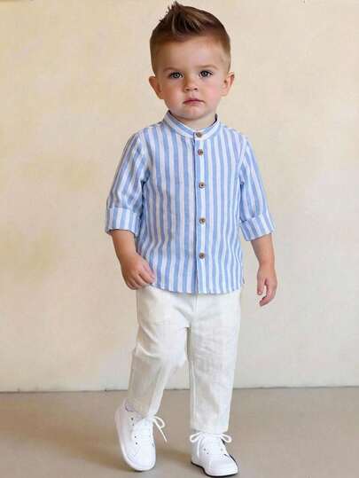 SHEIN Bộ 2 món/Bộ quần áo dài tay kẻ sọc xanh trắng cổ bẻ và quần ôm màu trắng cho bé trai/bé gái, Bộ đồ mặc nhà phong cách giản dị, thoải mái, đa năng, phù hợp mặc trong nhà, ngoài trời, mặc hàng ngày, thể thao, vui chơi, tiệc tùng, chụp ảnh vào mùa thu/đông