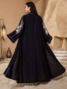 Al Najma Plus Size Casual Solid Color Pearl Applique Long Sleeve Cardigan, Regular Fit, Spring/Autumn - Black - View 2
