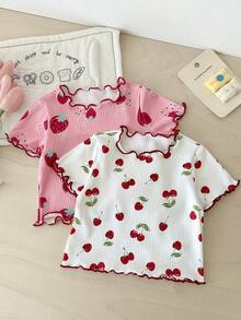 SHEIN 2pcs/Set Babygirl Cute Casual Versatile Strawberry & Cherry Print Short Sleeve T-Shirt - Multicolor - View 7
