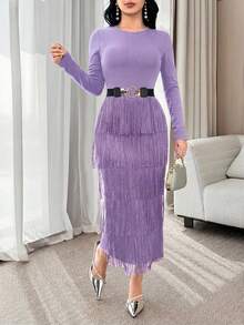Modelyn 优雅纯色流苏修身连衣裙，适合女性 - 紫色 - 查看 3