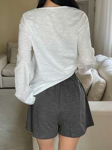 DAZY Women's Minimalist V-Neck T-Shirt And Shorts Pajama Set - White - View 2