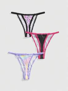 ROMWE Kawaii 3pcs Set Cute Lace Trim Thong Panties - Multicolor - View 2