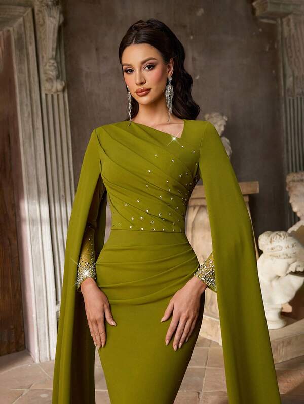 Aureia Elegant Minimalist Knit Elastic Satin Long Sleeve Flared Sleeve Pleated Design Waist Cinching Pleated Wrap Skirt Asymmetric Shoulder Flowy Style Women Evening Gown, Formal Dress, Cocktail Dress