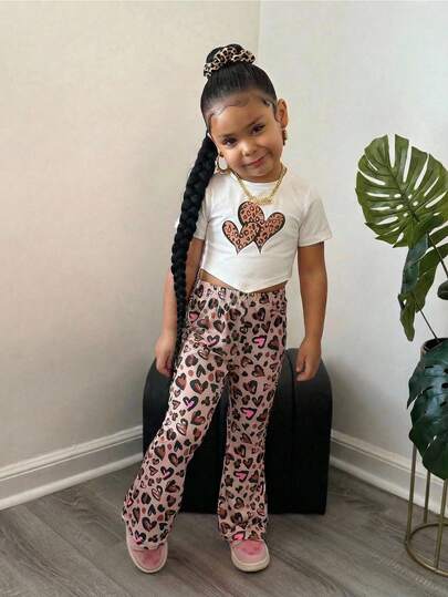 Young Girl Fashion Street Casual Round Neck White Leopard Print Heart Graphic T-Shirt And Flare Pants Set