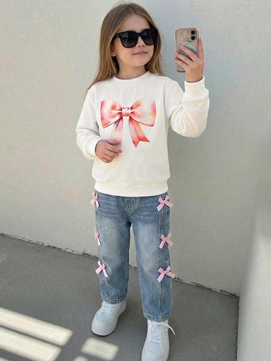 Girls' Long Sleeve T-Shirt With Cute Bow Print & Blue Straight Leg Jeans,Back-To-School Casual Light Pink Outfit,Autumn School Relaxed Fit Set - Multicolor - View 1
