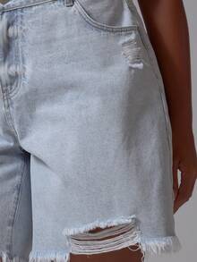 MUSERA Plus Size Mid Rise Distressed Light Wash Longline Denim Shorts Spring Summer Elegant Cute Vacation Casual Everyday Core Denim - Blue - View 6