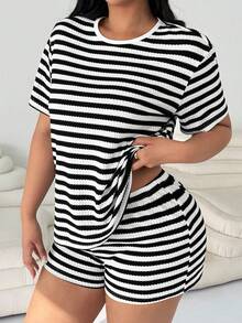 Solflare 两件套加大码黑白条纹休闲舒适套装，春夏 - 黑與白 - 查看 1