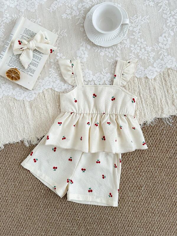 SHEIN 2pcs/Set Baby Girls' Summer Outfit, Cute Cherry Print Camisole Top With Elastic Waist Shorts And Headband, Soft And Comfortable, Suitable For Spring/Summer Outings, Great Gift For 6 Months - 3 Years Old