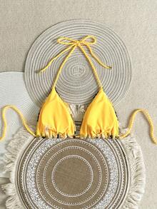 Swim Vcay Crochet Knitted Rope Halter Neck Beach Vacation Top Boho Summer Tops Crochet Tops - Yellow - View 3