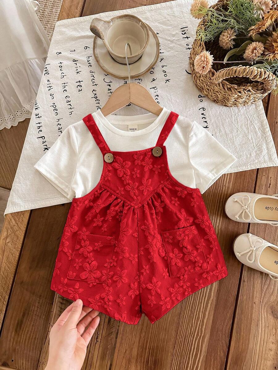 SHEIN LMoss Kids 女婴夏季休闲度假通勤纯色提花吊带连体衣 - 紅色 - 查看 1