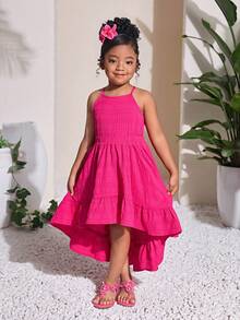 Young Girls Backless Long Waist Cinched Dress, Casual, Fashionable, Versatile, Suitable For Party, Outing, Photo Shoot With Friends, Park, Camping, Vacation, Daily Casual Wear - Pink - View 6