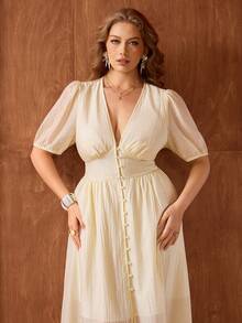 Lyrianda Elegant Plus Size Light Yellow A Line Long Dress With Deep V Neck Puff Half Sleeves Shirred Details - Light Yellow - View 3