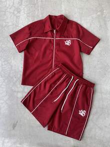 STYNVO Bộ 2 món áo sơ mi ngắn tay và quần short in hình ngôi sao, khóa kéo phía trước, viền tương phản dành cho nam. Bộ đồ nam màu đỏ, quần short nam, bộ đồ nam 2 mảnh, màu đỏ, phong cách thường ngày. - Màu Đỏ Sâu - Xem 5