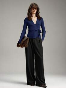 Ontre Áo khoác cardigan dệt kim gân sọc buộc dây phía trước dành cho nữ, kiểu dáng tối giản thanh lịch, phù hợp cho công sở, đi làm, đi dạy, mùa hè. - Màu xanh hải quân - Xem 3