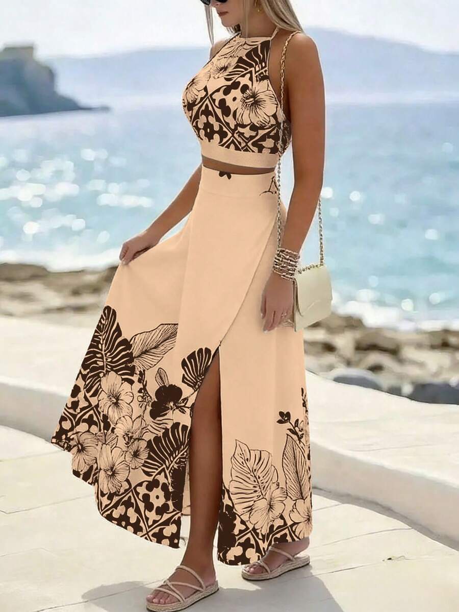 Breezaya Bộ đồ 2 món phong cách nghỉ dưỡng thường ngày, họa tiết nhiệt đới: áo cổ yếm và chân váy. - Màu Tím - Xem 1