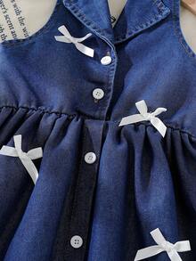 SHEIN Elladie kids 花园女孩夏季新款时尚Polo领露背吊带束腰甜美百搭度假水洗牛仔连衣裙，少女正式连衣裙 - 深色水洗藍 - 查看 6