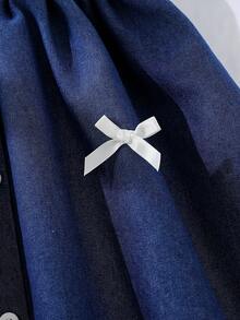 SHEIN Elladie kids 花园女孩夏季新款时尚Polo领露背吊带束腰甜美百搭度假水洗牛仔连衣裙，少女正式连衣裙 - 深色水洗藍 - 查看 7