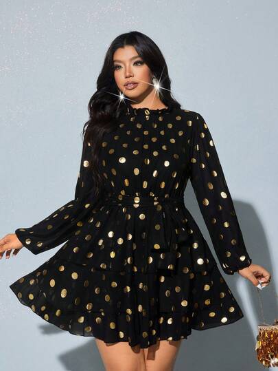 Viva Relle Plus Size Elegant Vintage Ruffle Collar Puff Sleeve Cake Dress With Metallic Accents