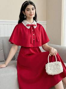 SHEIN Elegant Satin Collar Flower Decor Cloak Shawl With Metal Buckle, Suitable For Formal Occasions, Parties, Banquets - Teen Girls,Kids - Red and White - View 1