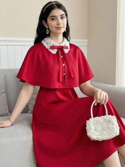 SHEIN Elegant Satin Collar Flower Decor Cloak Shawl With Metal Buckle, Suitable For Formal Occasions, Parties, Banquets - Teen Girls