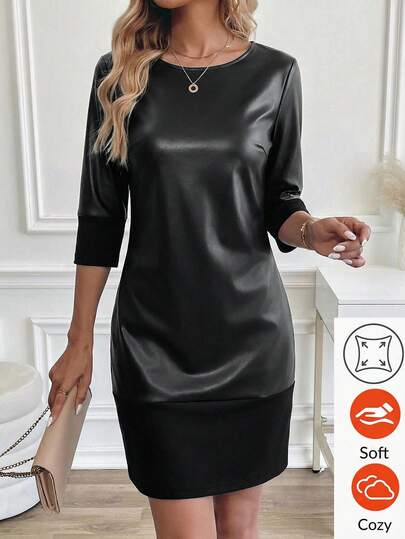 Editum Vestido recto de punto con parches de PU negro para mujer, adecuado para el uso diario, vestido negro versátil