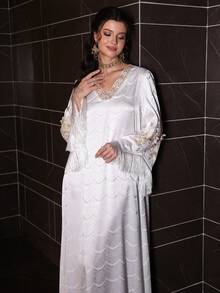 Layrah Elegant & Luxurious V-Neck Asymmetrical Tassel Flare Sleeve Dress, Spring/Summer - White - View 3