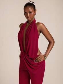 SHEIN BAE 女士红色雪纺拼接针织紧身喇叭连体裤，红色连体裤 - 紅色 - 查看 5