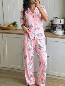Girls Casual Comfortable Soft Pink Cloud Rabbit Pattern Pajama Set, Collared Short Sleeve Top And Long Pants 2 Pieces Loungewear - Pink - View 3