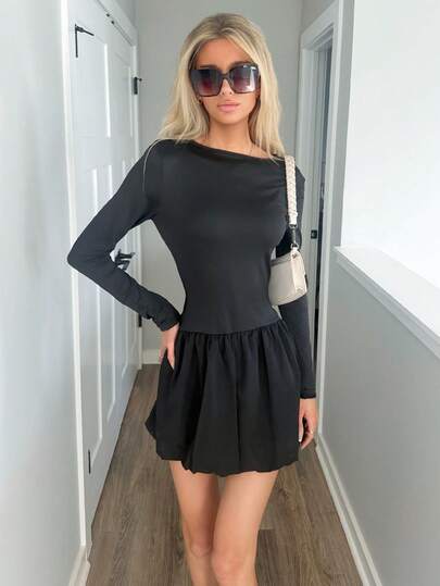 Sydney Algeri 女士纯色圆领长袖褶饰简约休闲郁金香下摆短款连衣裙