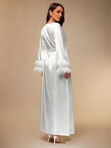 Silquee Lace-Panel Satin Slip Dress And Double-Layer Fuzzy Cuff Belted Robe Pajama Set White Set, Fall Winter Clothes  Valentine's Day Sexy Lace Galentines Adult Date Night  Spandex See Through Romantic Sexy Curve  Spring And Summer Feathered White Satin Cardigan Long-Sleeved Robe, Suitable For Wedding Parties, With A Lace Deep V-Neck Inner Dress. - White - View 5